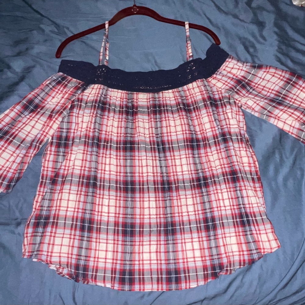 A. Byer Women's Off The Shoulder Red and White and Blue plaid - Picture 8 of 9